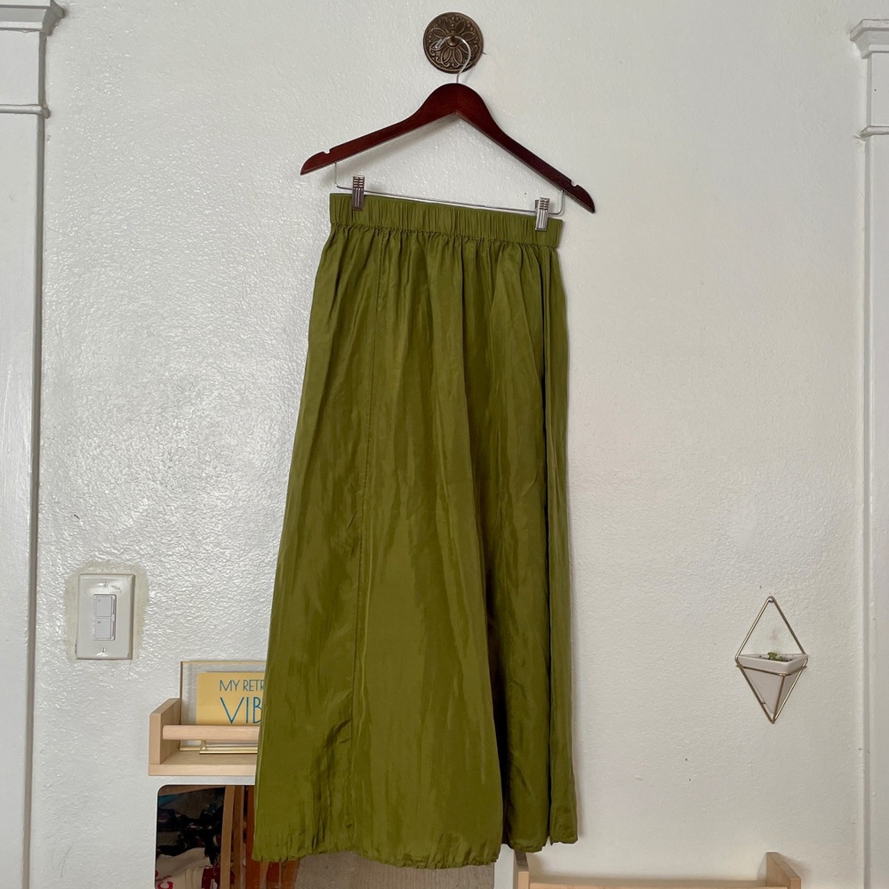 & Other Stories Olive Green 100% Silk Maxi Skirt Elastic Waist Size 6